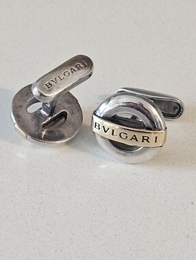 Authentic Bulgari Bvlgari Two-Tone 750 18k Gold & Sterling Silver Cufflinks